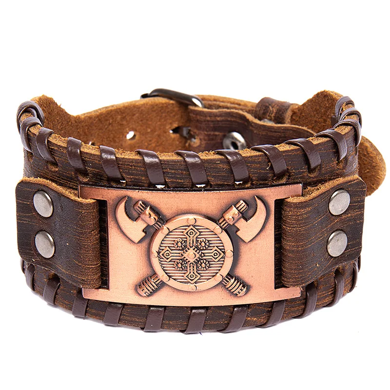 Trendy Totem Design Nordic Double Axe Irish Cross Bracelet Leather Woven Men's Bracelet Viking Accessorie Genuine leather jewelr