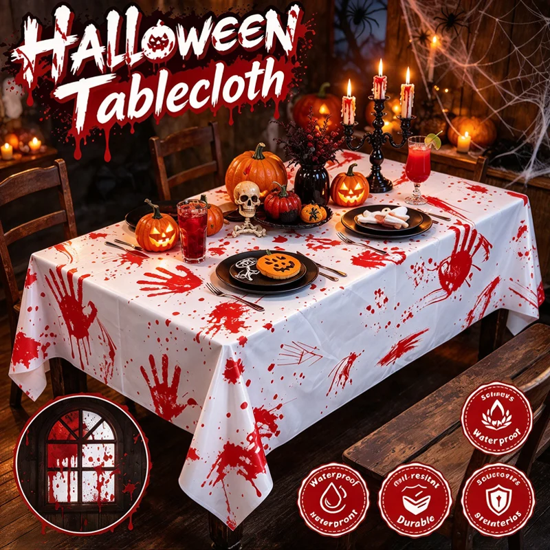 Halloween Party Tablecloth with Bloody Handprints Disposable Oil-Proof Waterproof Table Cover for Decorations Spooky Birthday