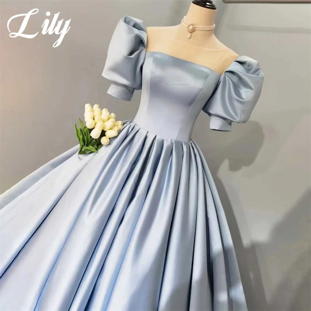 Lily Sky Blue Woman Evening Dress Strapless A-Line Prom Dress Sexy Regular Sleeves Night Dresses Gown with Pleats Satin 프롬 드레스