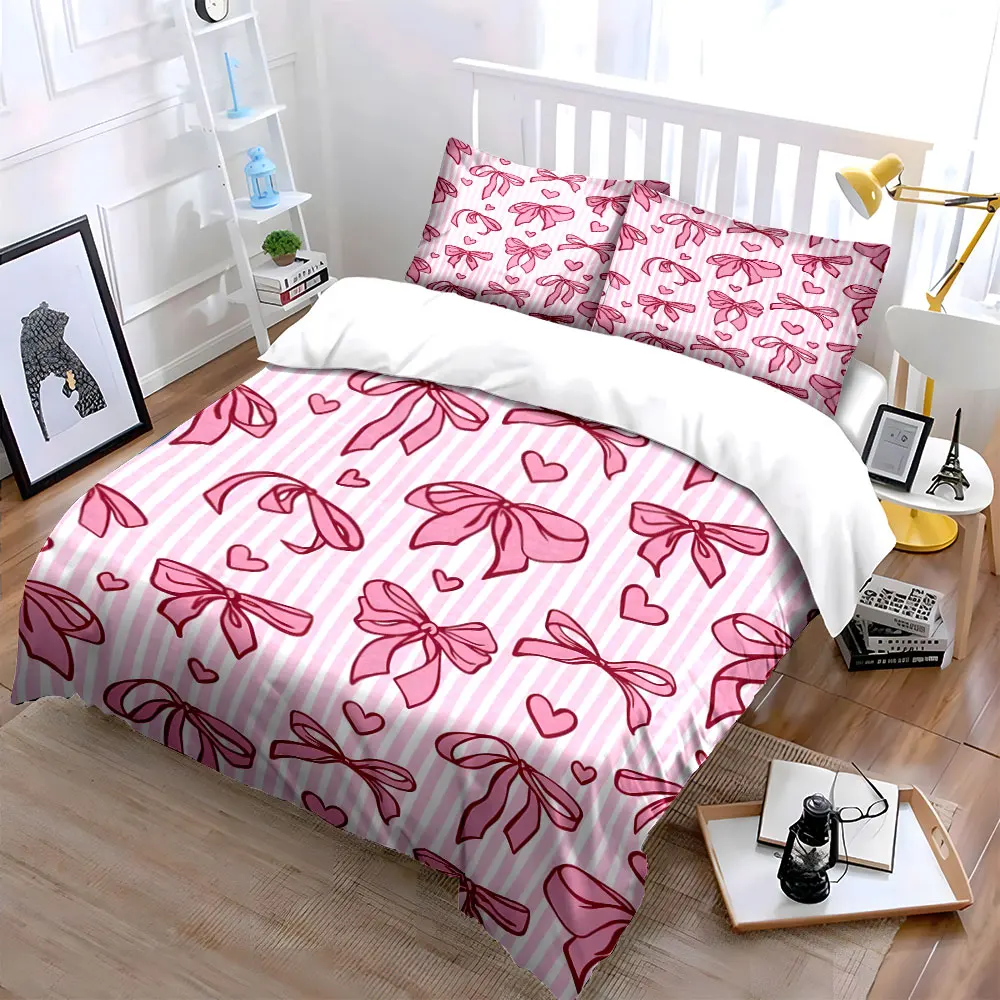 Pink bows with heart patterns Pattern Duvet Cover Set Digital Print Colorful Polyester Bedding with Zipper Closur for kids gifts