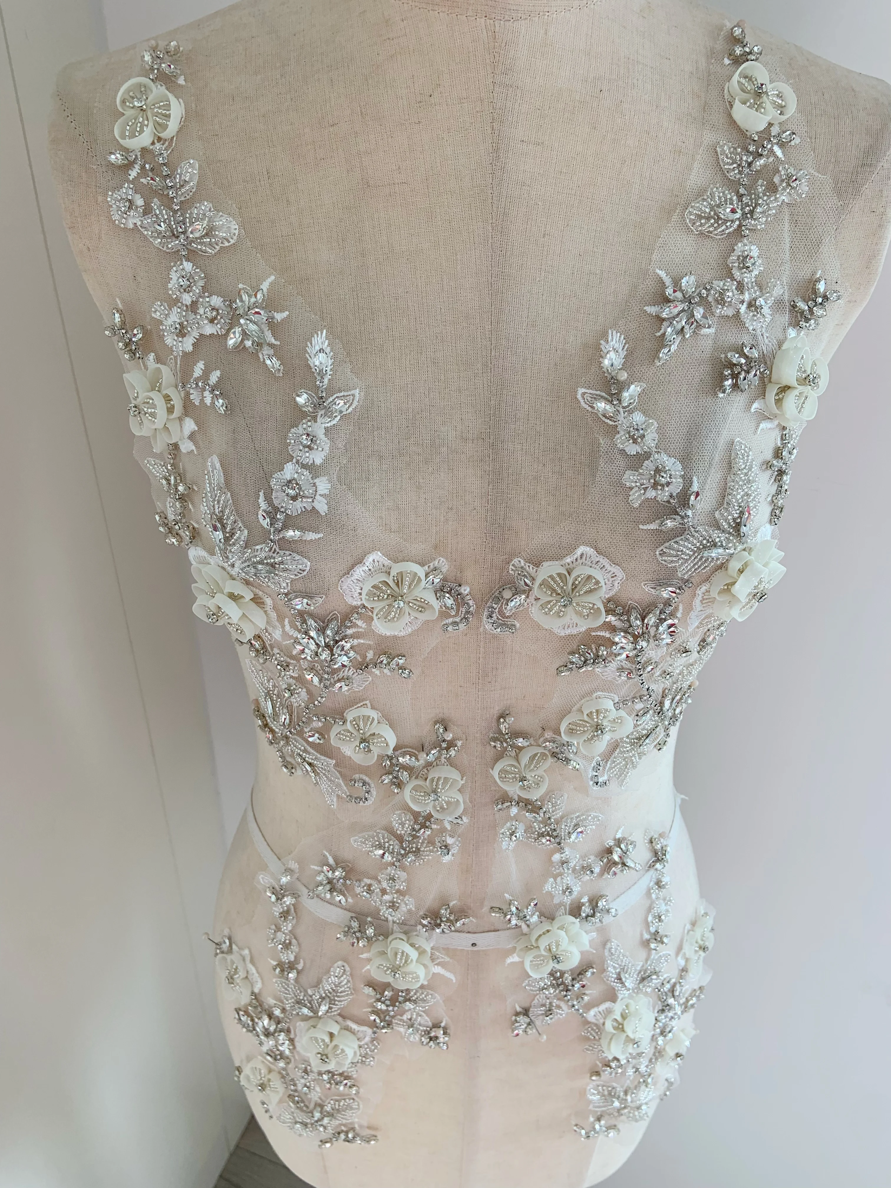 Off White Rhinestone Applique with 3D Flowers For Haute Couture Bodice Patch Sewing Wedding Motif view 2