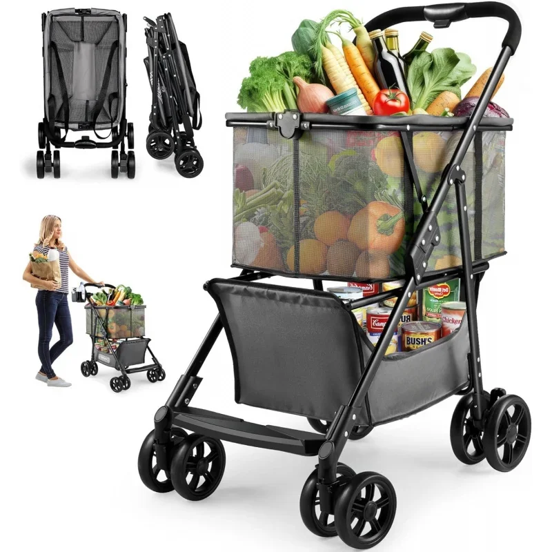 Folding Shopping Cart with Wheels, 80lbs Multi Use Grocery Carts with 360° Wheels & Removable Tote Bag, Multifunctional