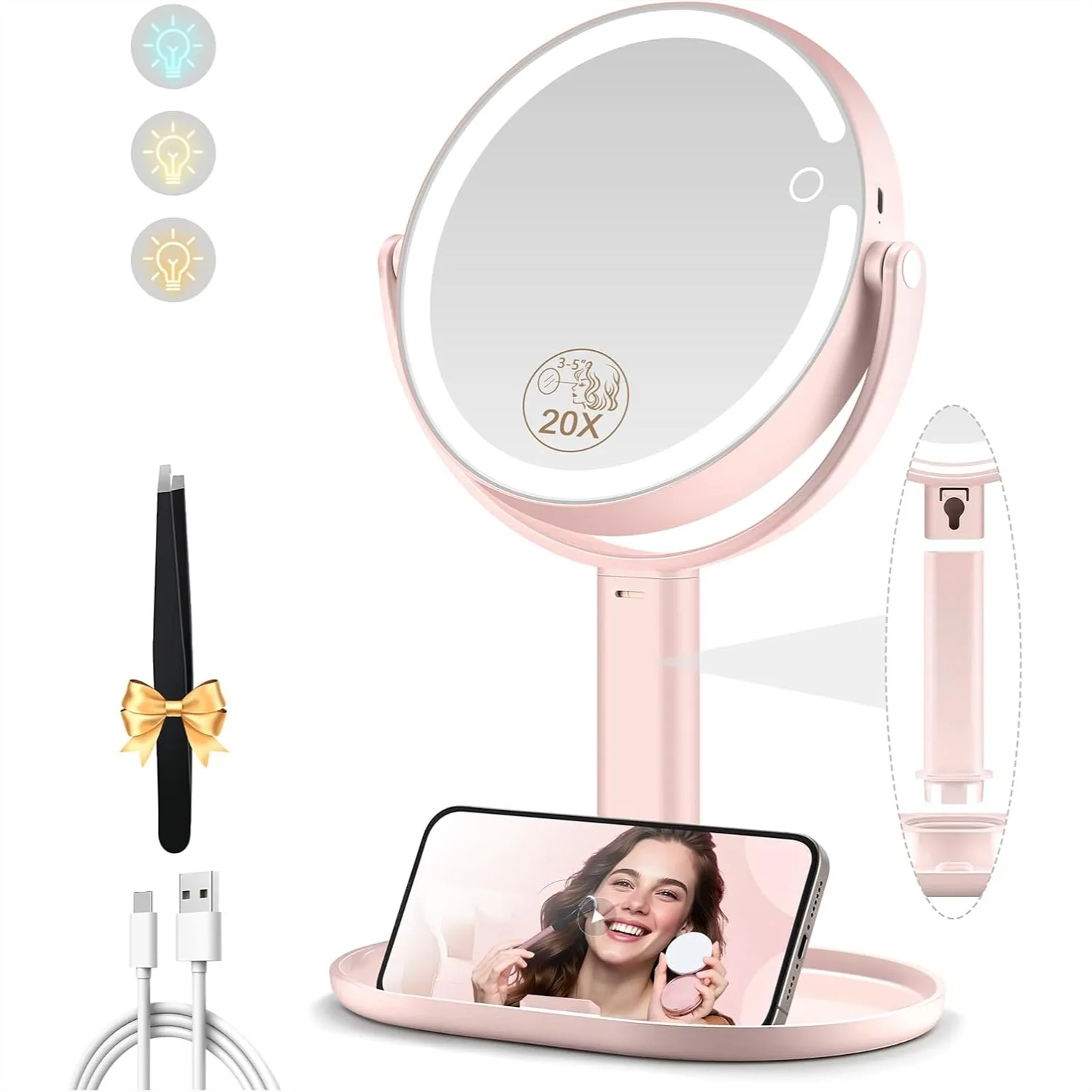 

Double Sided 1X 20X Magnifying Mirror With Lights 3 Color Modes Adjustable Brightness Rechargeable LED Makeup Mirror With Detachable Design And Storage Base For Travel And Home Use Pink