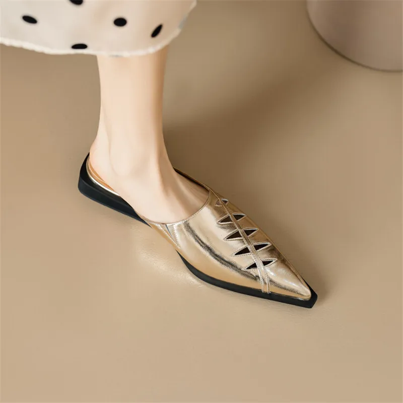 2023 Summer Slippers Women Pointed Toe Hollow Out Slippers Sandals Low Heel Mules Split Leather Shoes for Women Handmade Shoes