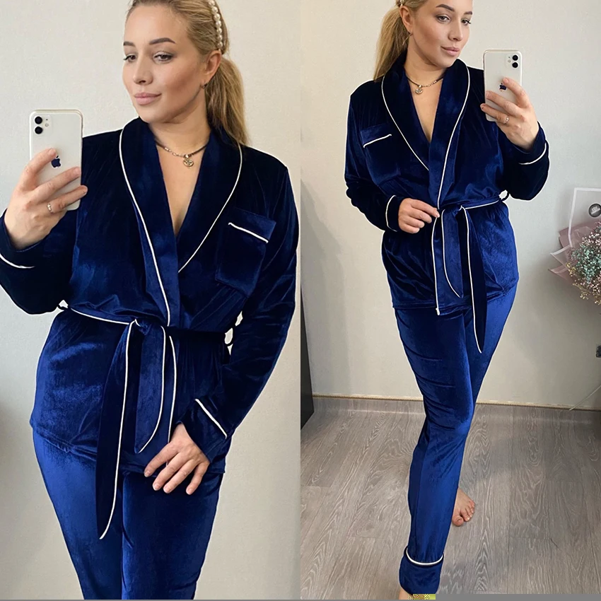 Autumn New Female Solid Velour Pajamas Warm Long Sleeve Home Suit For Women Two Piece Velvet Set Thick Sleepwear Night Sets