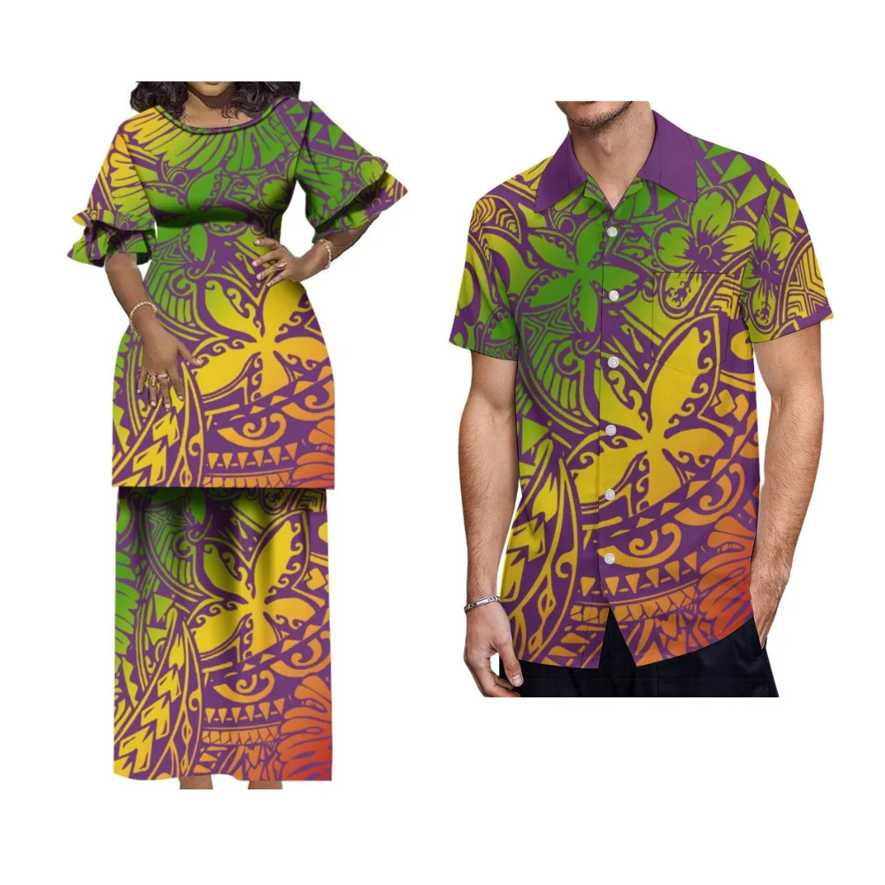 2024 New Puletasi Polynesian Couple Set For Women Puletasi Tribal Line Set Skirt Loose Top And Skirt Hawaiian Men'S Shirt