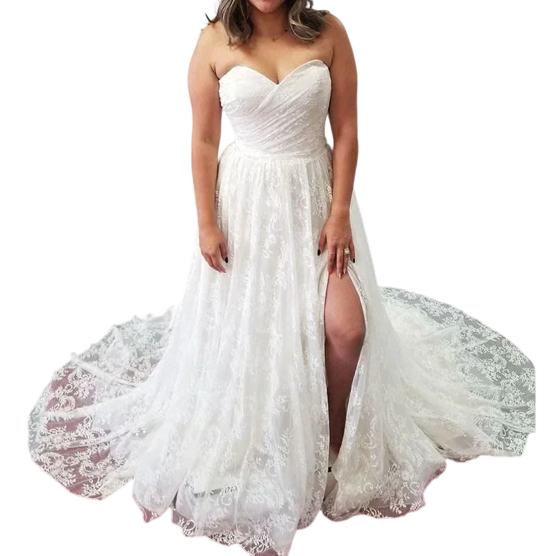 Aangepaste Sweetheart Kant Strand A-lijn Trouwjurk Vestidos De Novia 2023 Geplooid Lijfje Sexy Hoge Kant Split Bruidsjurk