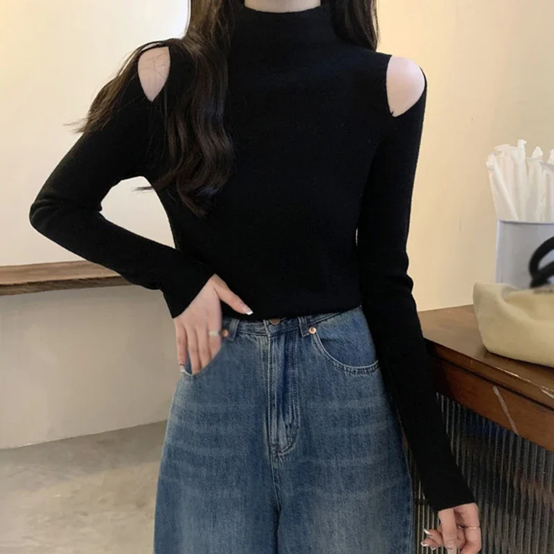 Slim Fit Half Turtleneck Knitted Long Sleeves Solid Colou Versatile Women's Knitted Top Autumn Winter Basic Top