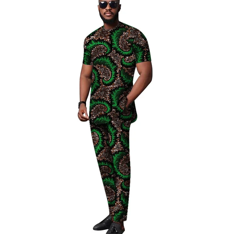 African Tops+Elastic Waist Trousers Male Groom Suit Nigerian Fashion Short Sleeves Men\'s Sets Party Wear