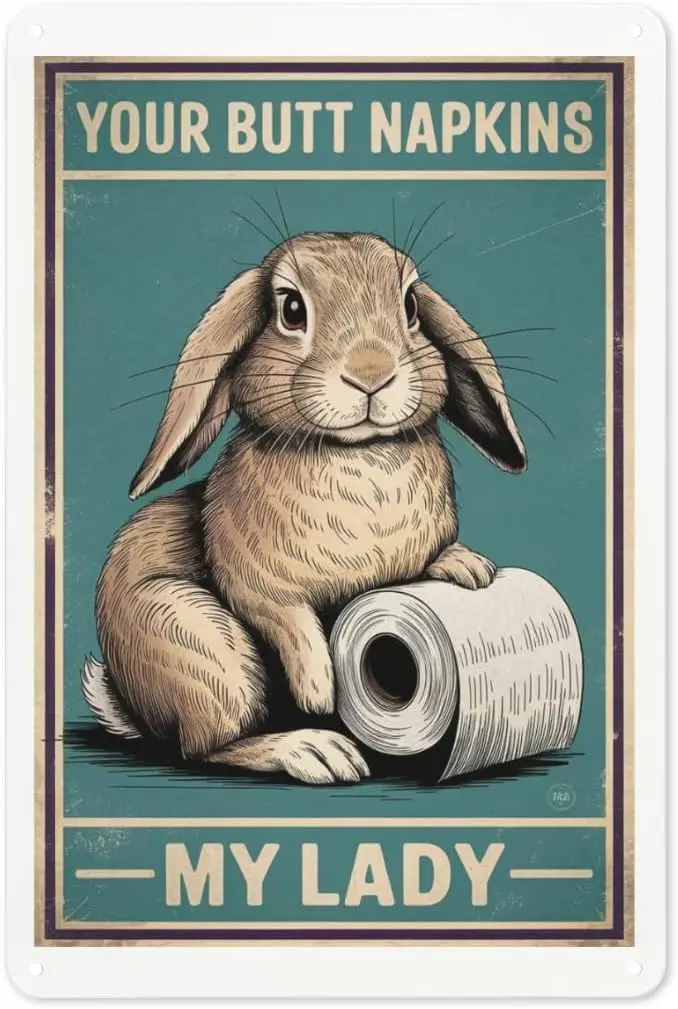 Humorous Bathroom Tin Sign 8X12IN Quirky Rabbit Metal Art for Farmhouse Powder Room Decor sign