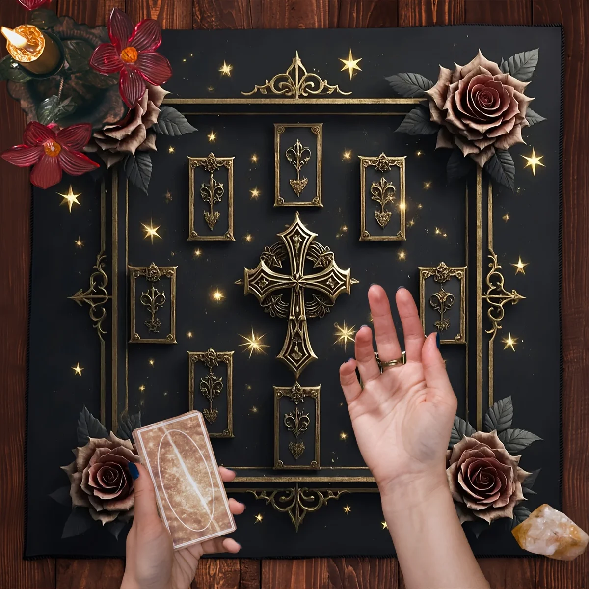 1pc Gothic Cross‑Rose Tarot Tablecloth, Altar Cloth for Tarot Reading, Divination, Pendulum and Ritual, Board Game Mat