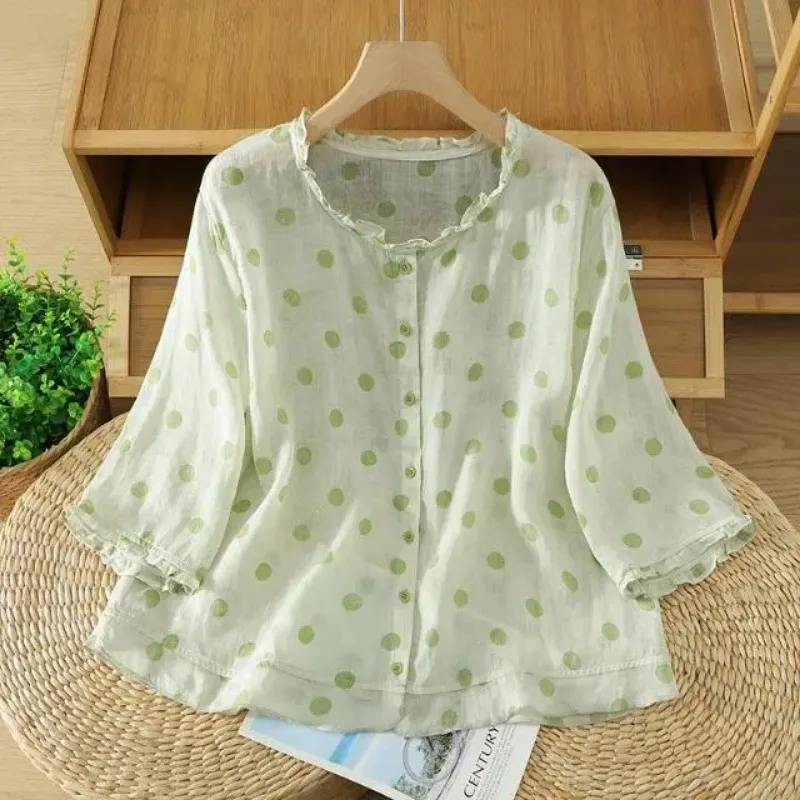 

Women's Polka Dot Linen Cotton Blouse Ruffle Neck 3/4 Sleeve Casual Summer Shirt