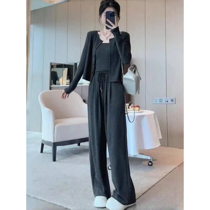 Lazy Relaxing Sports Leisure Set for Women Spring Autumn New Loose Open Top Straightening Strap Wide Leg Pants Three Piece Set