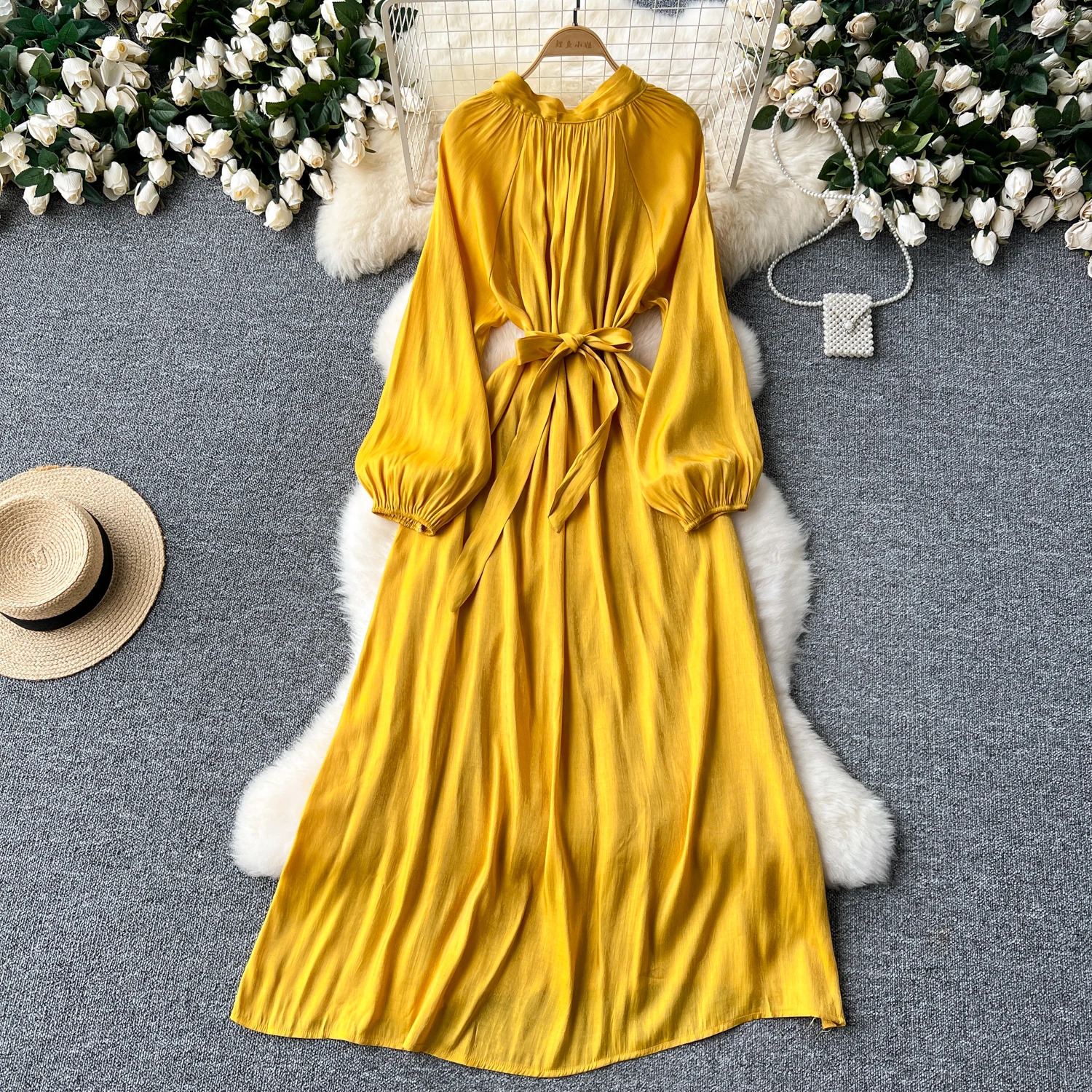 French Vintage Pleated lool sleeve print Lace-up Bow sweet Dress Casual Women Fashion summer dresses