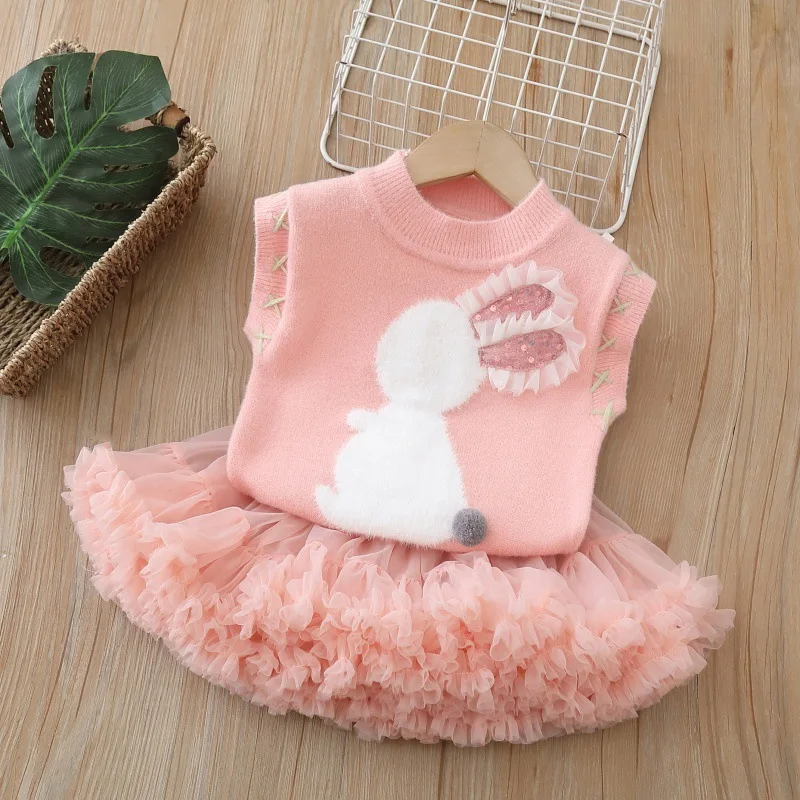 

HoneyCherry Girls Clothing Set Bunny Knit Vest and Ball Gown Skort Sets Sweater Set Girls Knitwear
