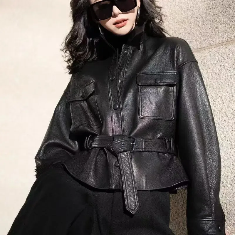 Korean-Style High-End Fashion Protein Leather Jacket, Same Style As Song  Women's  New Model, Waist-Cinching