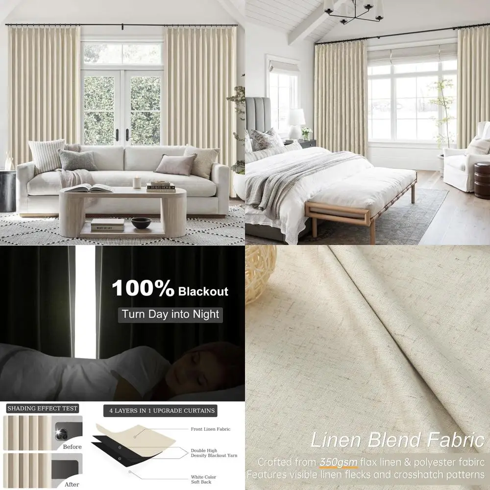 

Роскошные кремово-бежевые плиссированные 100% плотные льняные шторы с крючками, 72x84 для патио и гостиной