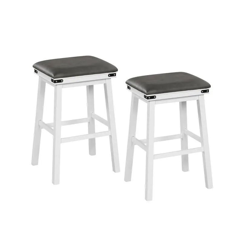 Set Of 2 Bar Stools, Acacia Wood Frame With PU Padded Seat, Footrest And Decorative Rivets, For Kitchen Dining Room Bar Counter, 30 Inch Height