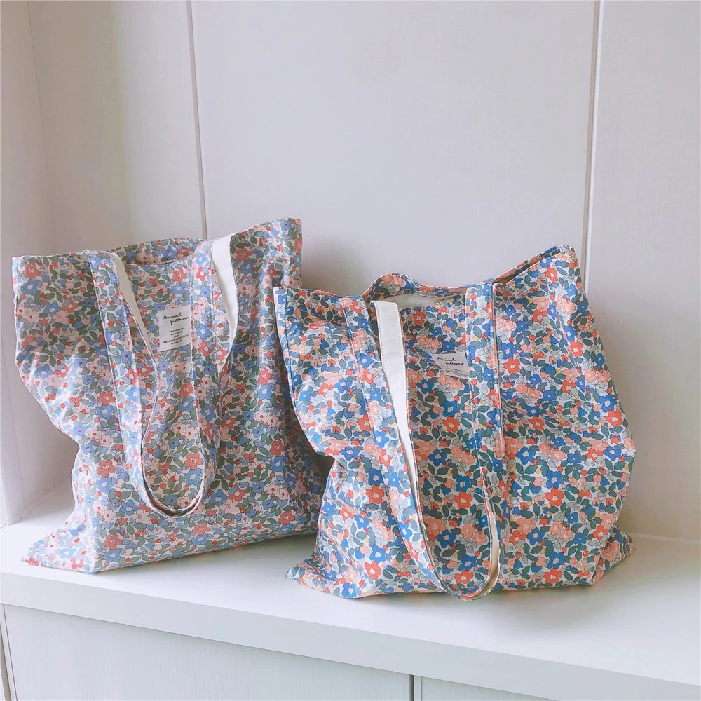 Bolsa de compras de lona floral reutilizável grande para mulheres, compradora dobrável, bolsas de ombro, casuais femininas, sacolas diárias, mercearia