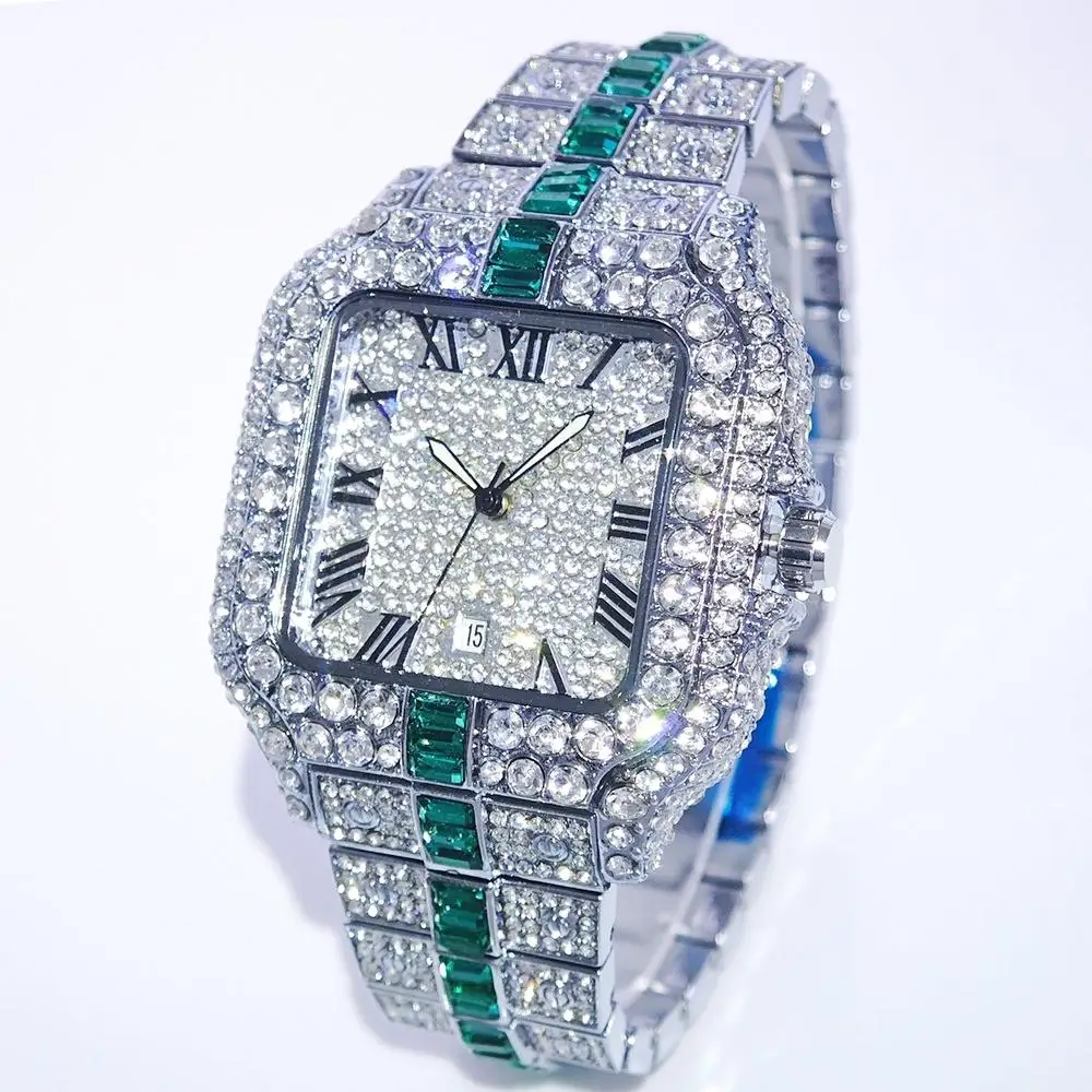 

2025 Top Sell Fashion Square Watch For Men Luxury Stainless Steel Hip Hop Green Ice Diamond Man Quartz Wristwatches Reloj Hombre