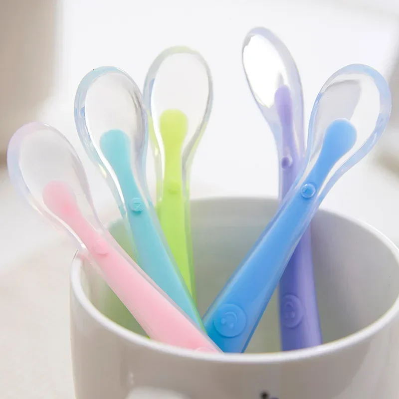 

Baby Feeding Spoons Dishes Tableware Children Flatware Cutlery Spoon Silicone Temperature Sensing Patchwork Soup Ladle Tools