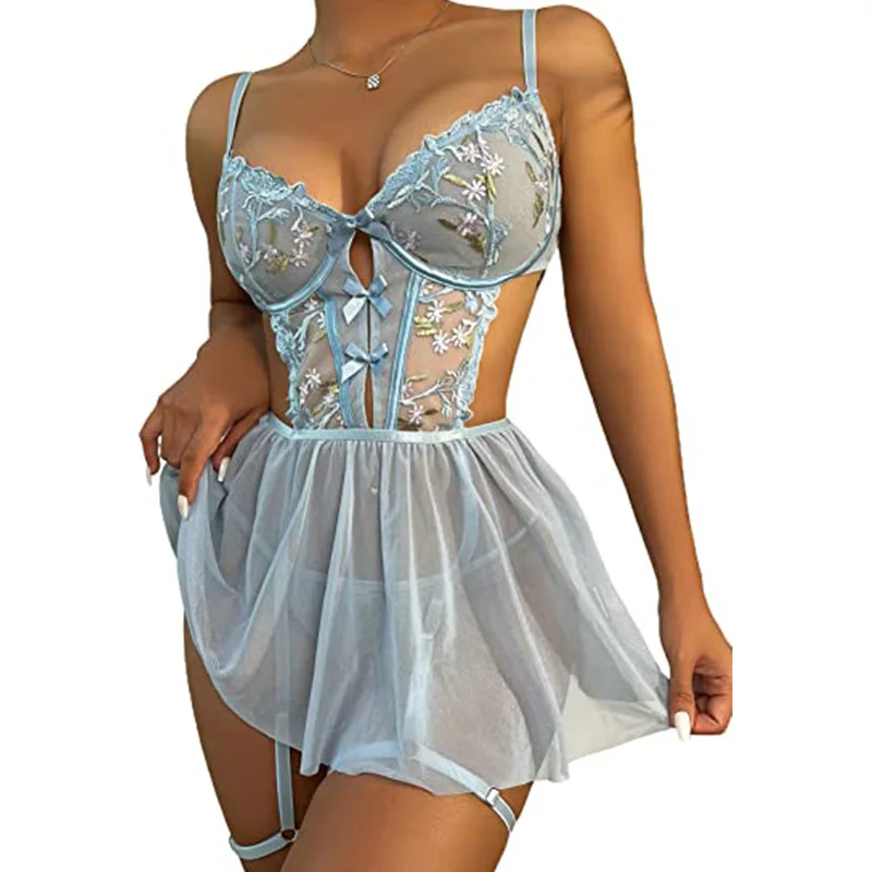 European and American foreign trade lingerie sexy women's mesh embroidery hollow perspective suspender nightgown YQW624