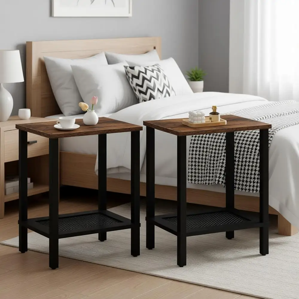 

Набор из 2-х приставных столиков, маленькие приставные столики с 2-уровневыми полками для хранения, прикроватные тумбочки для небольших помещений, гостиная, спальня, в деревенском стиле