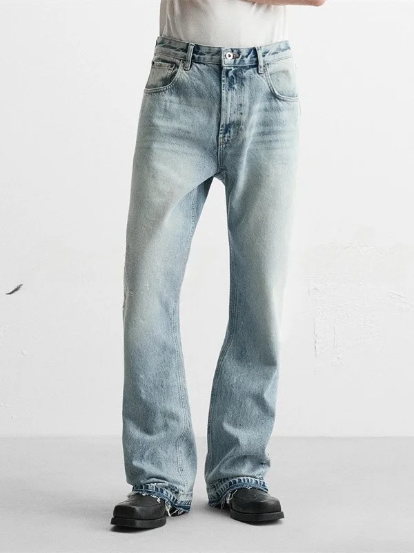 Washed Distressed Men's Flared Jeans Casual Cotton Trousers with Frayed Hem Leggings mid Waist Zipper Closure Comfortable Fit