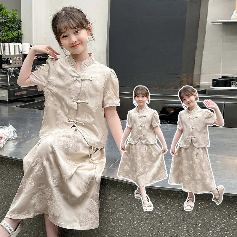 Girls Suits New Chinese Women Dress Set Girls 2024 New Little Girl Summer Dress Children Two-piece Set Clothes Skirt Simple