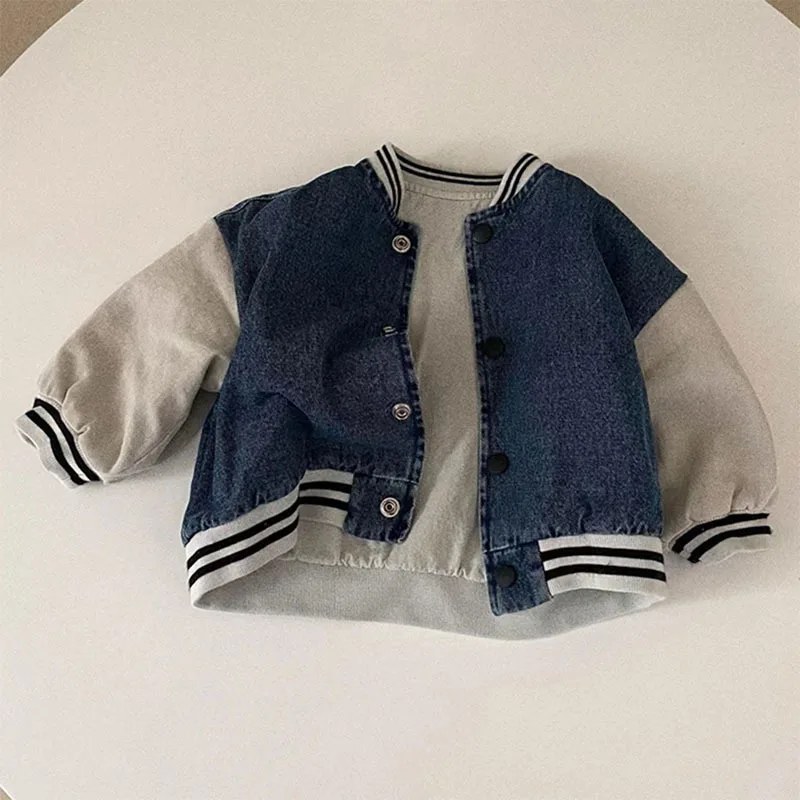 2025 Autumn New Baby Long Sleeve Coat Fashion Boys Splicing Denim Jacket Solid Infant Girl Casual Cardigan Toddler Clothes