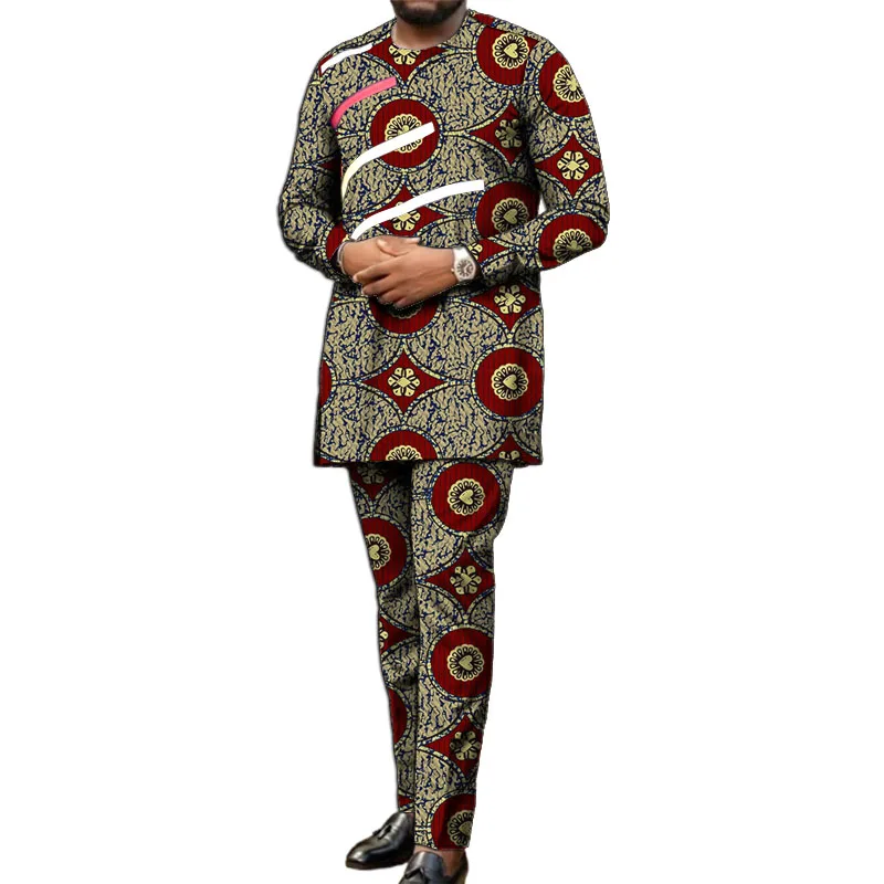 التصميم الأصلي للرجال ملابس مطبوعة أفريقية شريطية مرقعة عملية قميص رقعة مرونة الخصر السراويل مصممة ملابس الحفلات #3