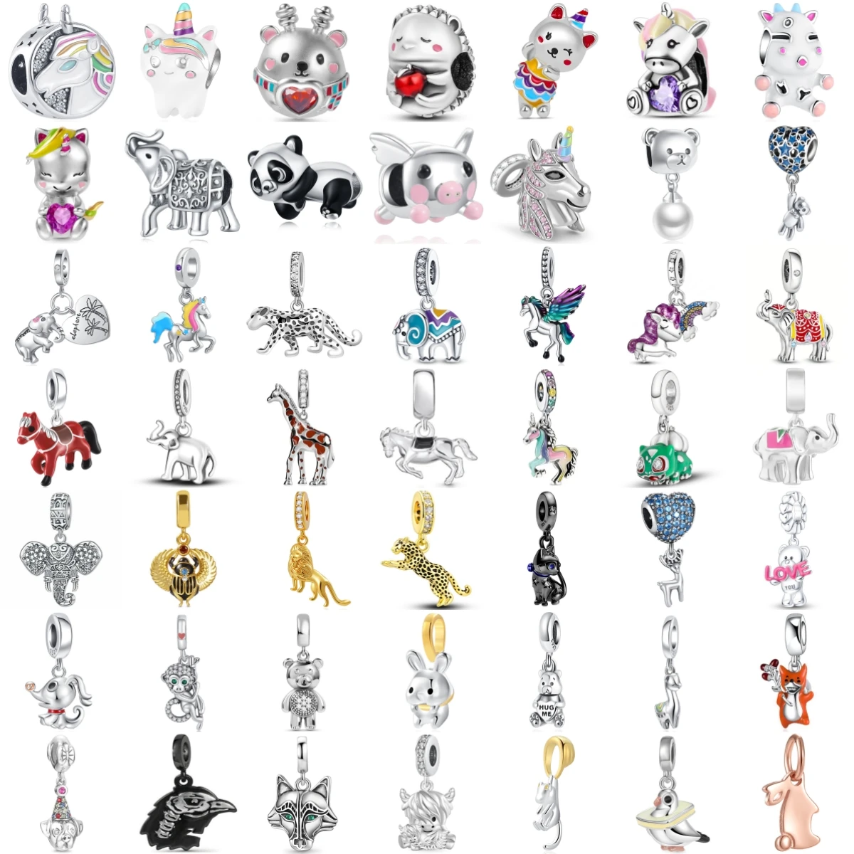 925 Sterling Silver Cute Cartoon Animal Charms Unicorn Elephant Panda Horse Giraffe Leopard Fox Rabbit Women DIY Jewelry Gift