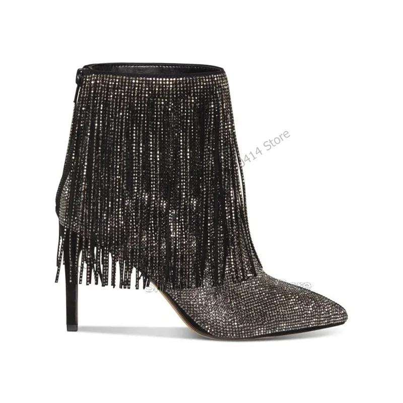 

Silver Rhinestone Crystal Tassels Decor Pointed Toe Boots Back Zipper Women Shoes Thin High Heels Party 2023 Zapatos Para Mujere