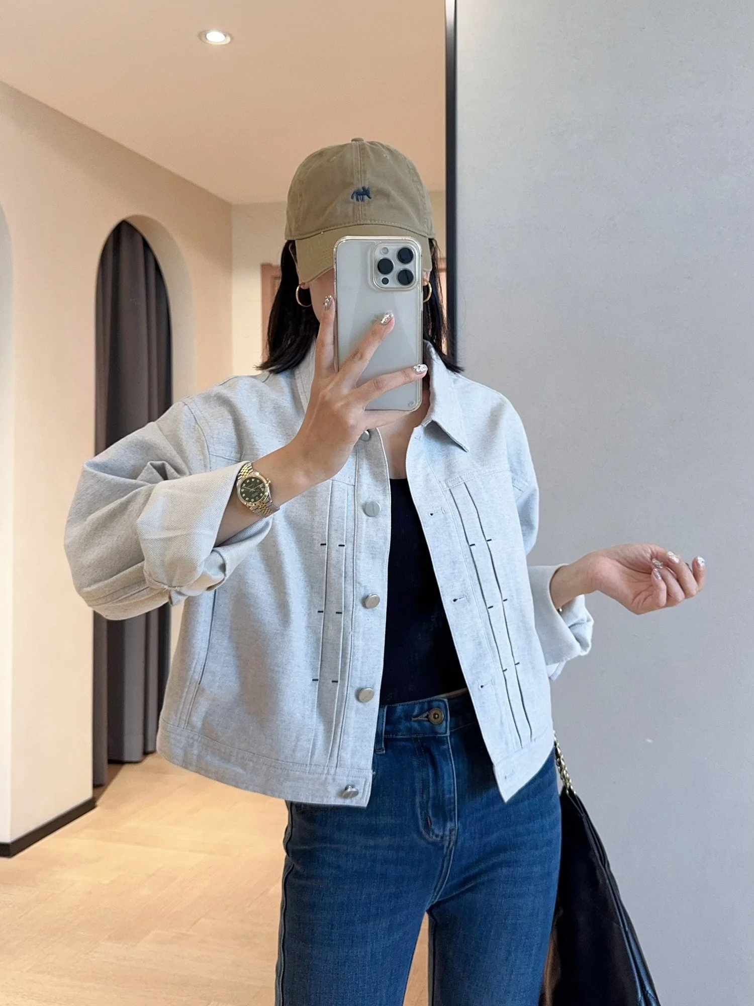 

WTHEONE Sli Waed Floral ey Denim ort Jaet Женская свободная повседневная куртка из смесового хлопка и полиэстера для осени