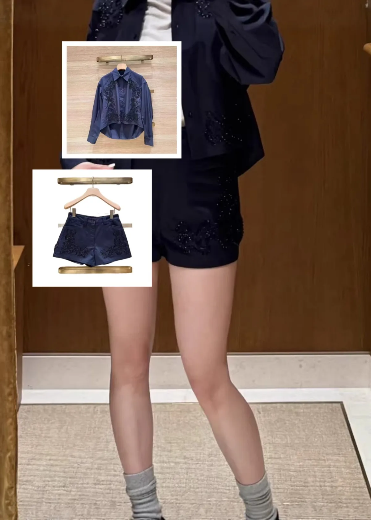 

Beaded Embroidery Decoration Women Set Long Sleeve Turn-Down Collar Single-Breasted Blouse Shirt +Shorts2026 Spring