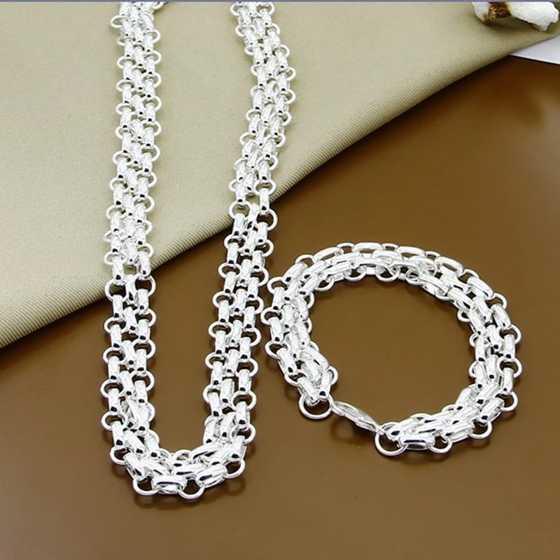 

925 Sterling Silver Interlock Chain Necklace Bracelet Set for Women Man Wedding Engagement Party Jewelry Gifts