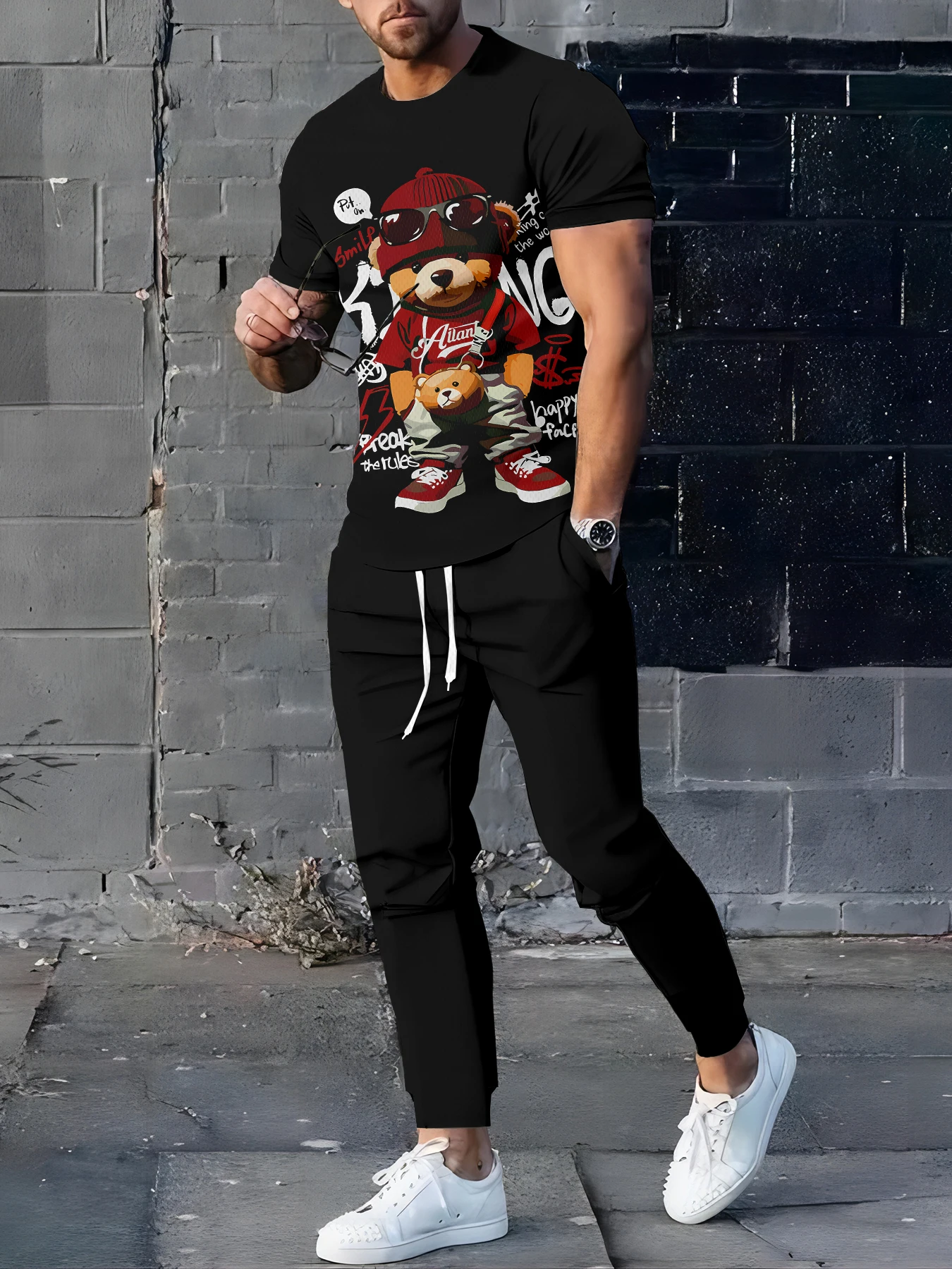 

2026 Summer Men's Suit with Bear Print Breathable Lightweight Casual and Fashionable Outdoor Men's Clothing