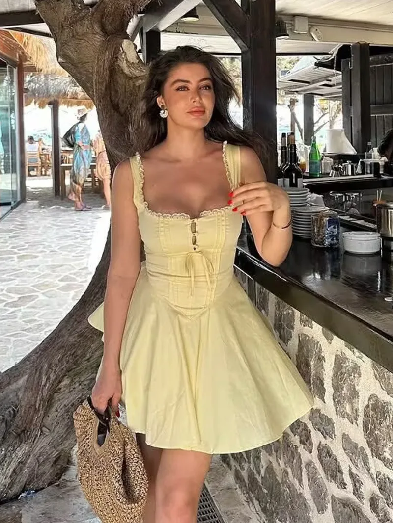 Nuevo 2025 mujeres azul elegante fiesta Mini vestidos Sexy sin mangas de cintura baja A-line vestido de verano con cordones en la espalda bata vestidos W4BW