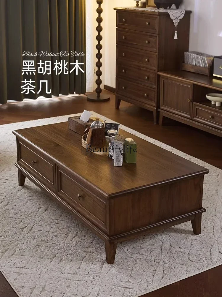 

yj7 American Style Solid Wood Coffee Table North American Black Walnut Vintage Living Room with Drawer Side Table