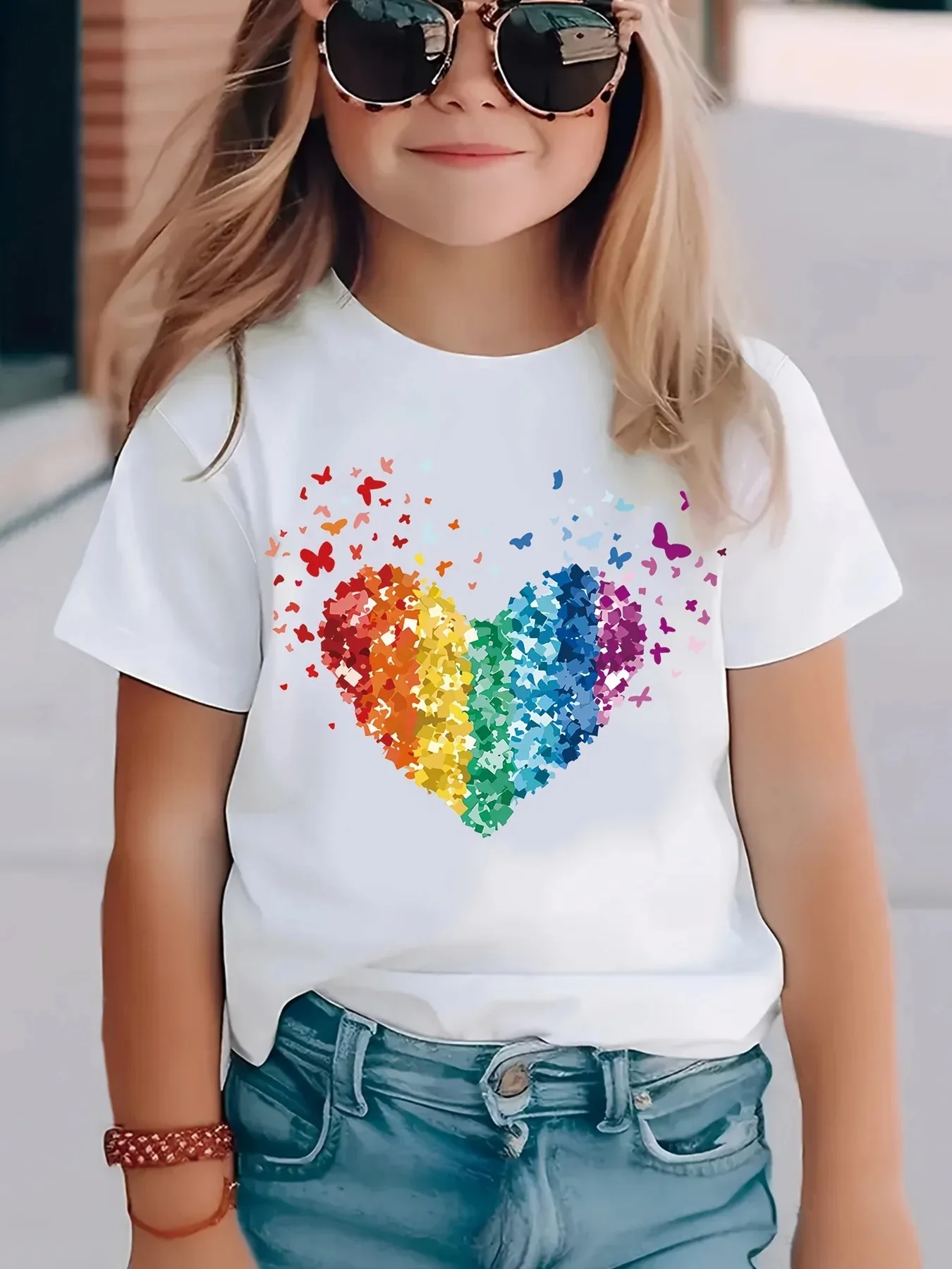 Mädchen Regenbogen-Herz Pailletten T-Shirt Kinder Sommer Baumwolle Kurzarm-Oberteil Kleinkind Mädchen Kleidung Schwarzes T-Shirt Niedlicher Schmetterlingsdruck – Detail 2