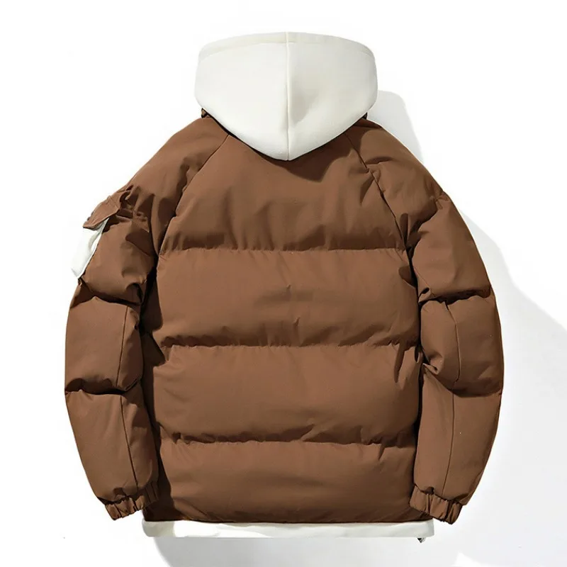 KIDWHXR Winter Men Cargo Jacket Contrast Color Patchwork Male Hooded Parkas Coat Loose Outdoor Casual Man Fake Two-piece Coat