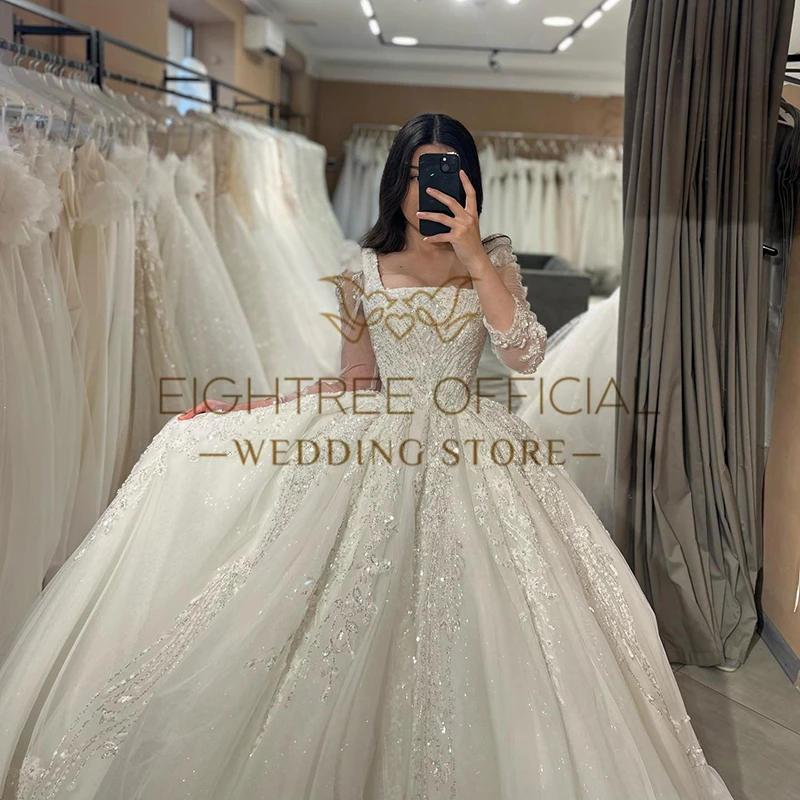 Eightree White A-Line Wedding Dresses Formal Square Neck Long Sleeve Wedding Gown Boho Beach Bridal Prom Long Dress Customized