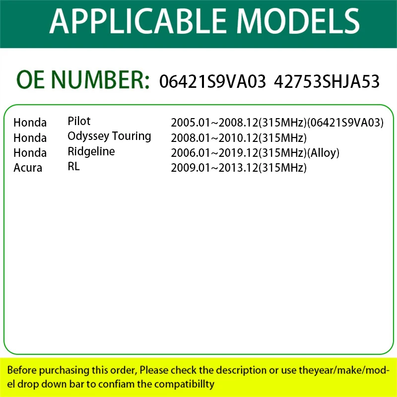 315MHz TPMS Tire Pressure Sensor for Honda Pilot Odyssey Touring Ridgeline RL TPMS Tire Pressure Sensor 06421S9VA03 42753SHJA53