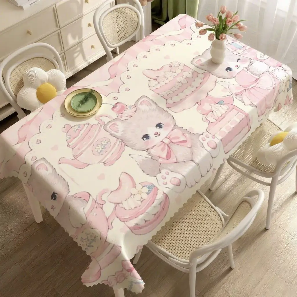 Süße Lolita-Katzen-Tischdecke, rosa niedliche Kätzchen-Tischdecke, ästhetische Esszimmerdekoration, wasserdichte, ölbeständige Tischdecke, Kawaii