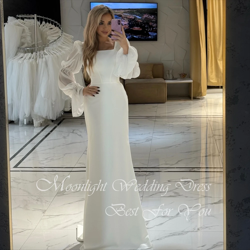 Elegantes Meerjungfrau-Hochzeitskleid mit quadratischem Kragen 2026, Laternenärmel, offener Rücken, Sweep-Zug, Brautkleid, Vestidos de Novia, individuell gestaltet