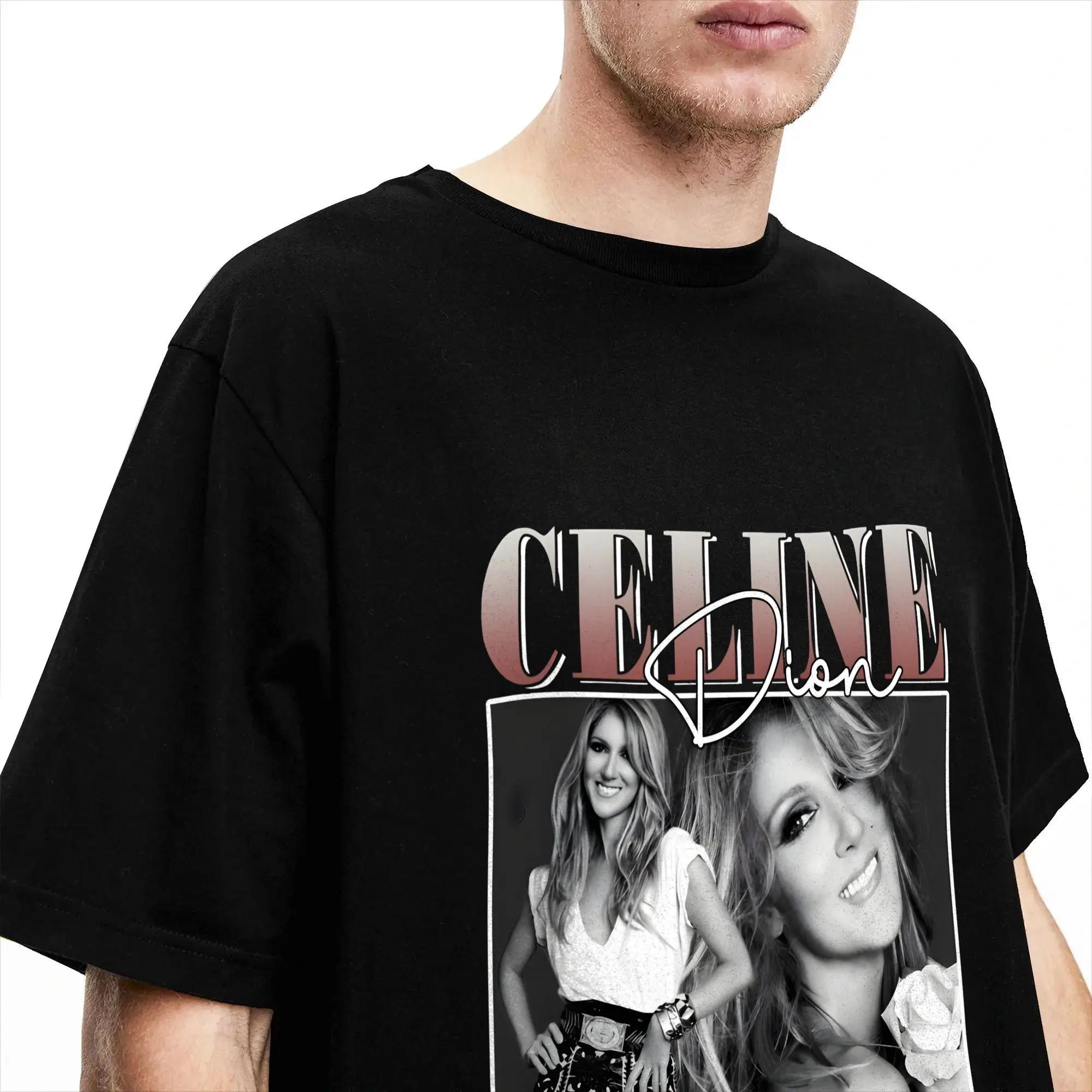Celines Dion Face Portrait Herren T-Shirt Kanadische Sängerin T-Shirt Kurzarm T-Shirt mit rundem Kragen Baumwolle Original Kleidung – Detail 3