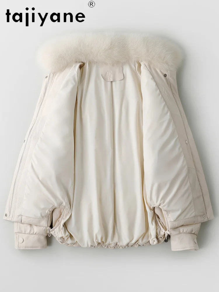 TAJIYANE 100% جلد الغنم أوزة أسفل معطف قصير الجلد الحقيقي سترة منفوخة النساء مع الثعلب الفراء طوق الملابس الشتوية 2025 doblianка