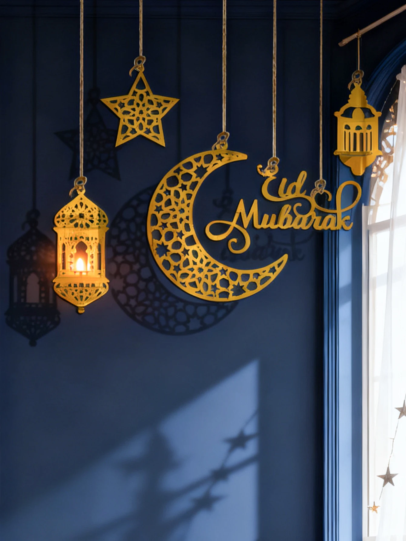 Eid Mubarak goldene und silberne hängende Dekorationen, Mond, Stern, Laterne, Wandornamente, Acryl, islamische Heimdekoration, Ramadan- und Eid-Geschenke