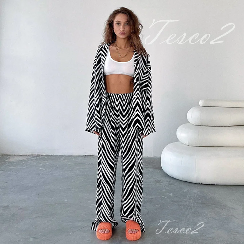 Tesco Casual Women's Pant Sets Vintage Striped Print Blouses+Wide Leg Pants 2 Piece Loose Outfits For Beach Vocation Clothing