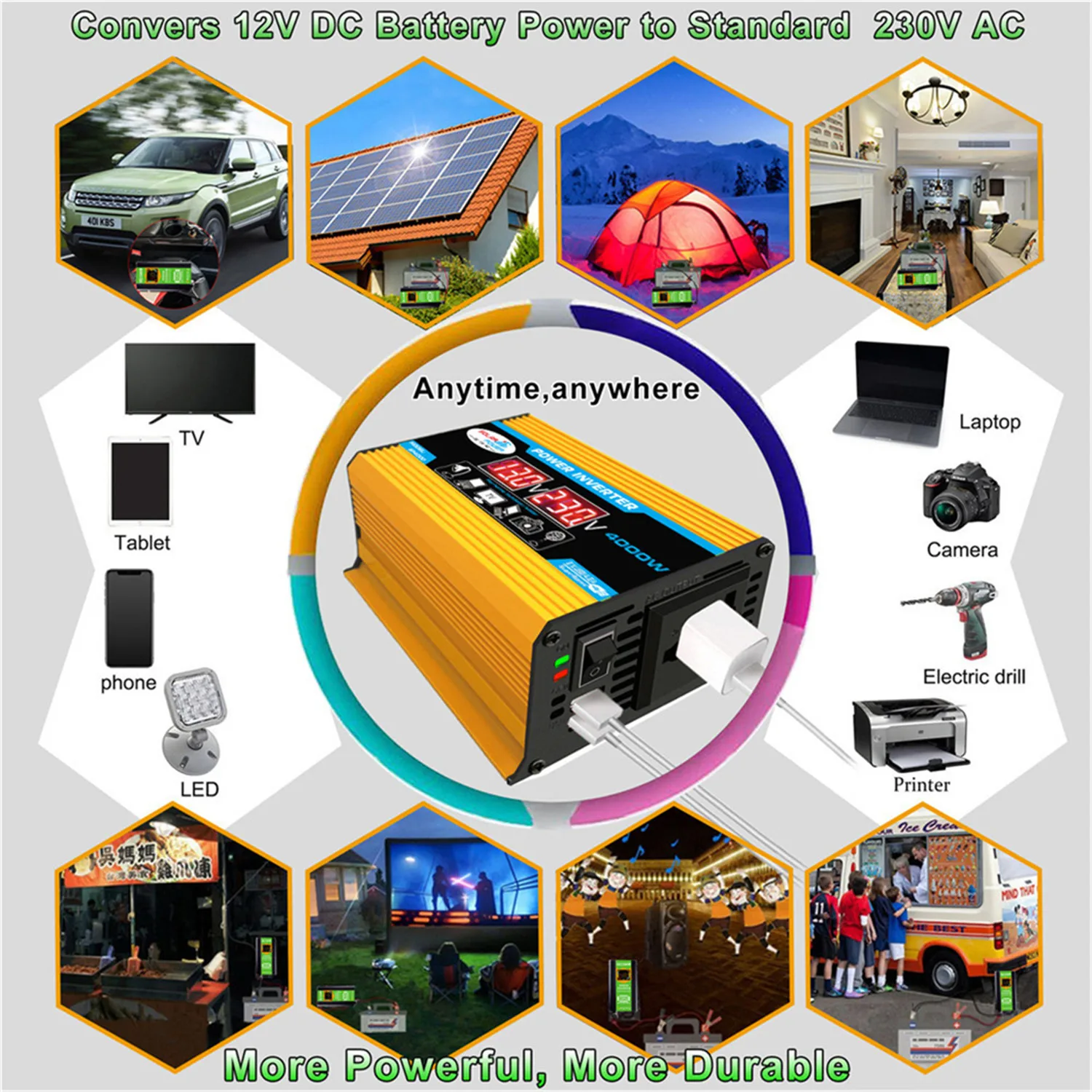 4000 واط سيارة العاكس 2 منافذ إخراج USB تعديل محول موجة جيبية مع شاشة LED 12 فولت إلى 110 فولت/220 فولت 300 واط تصنيف الطاقة ABS #3